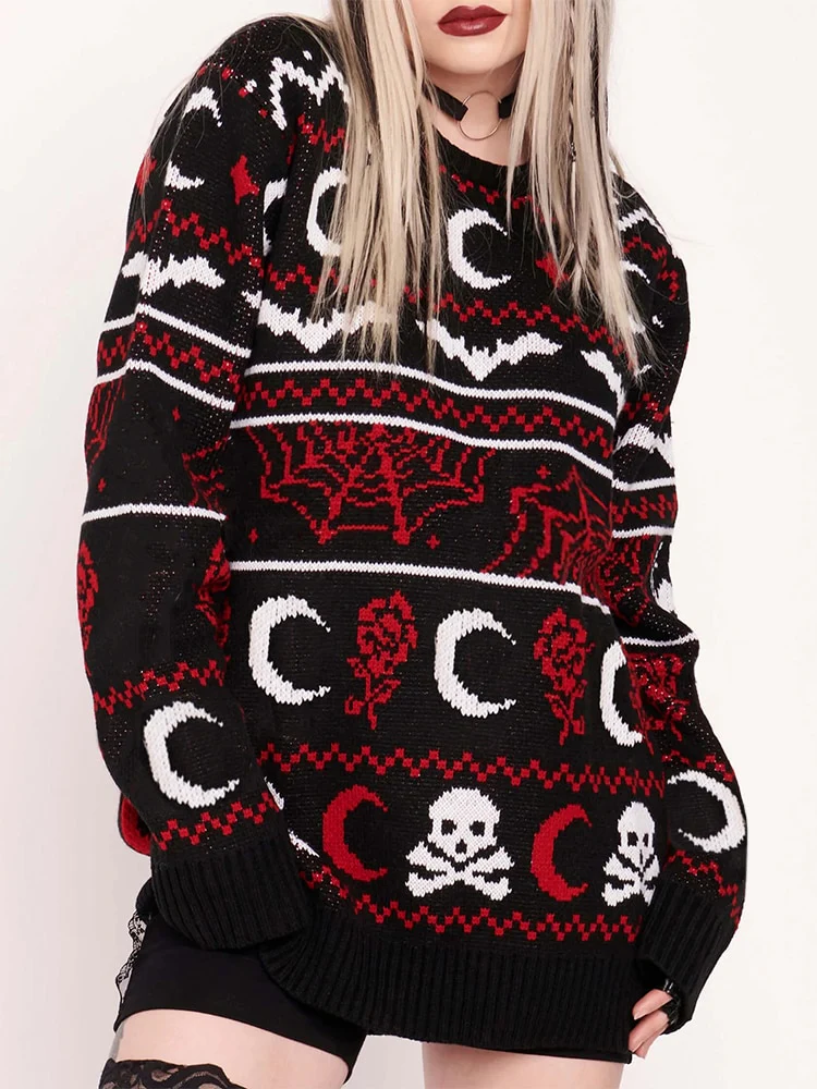 Winter Knitted Sweater Gothic Moon Skull - Image 5